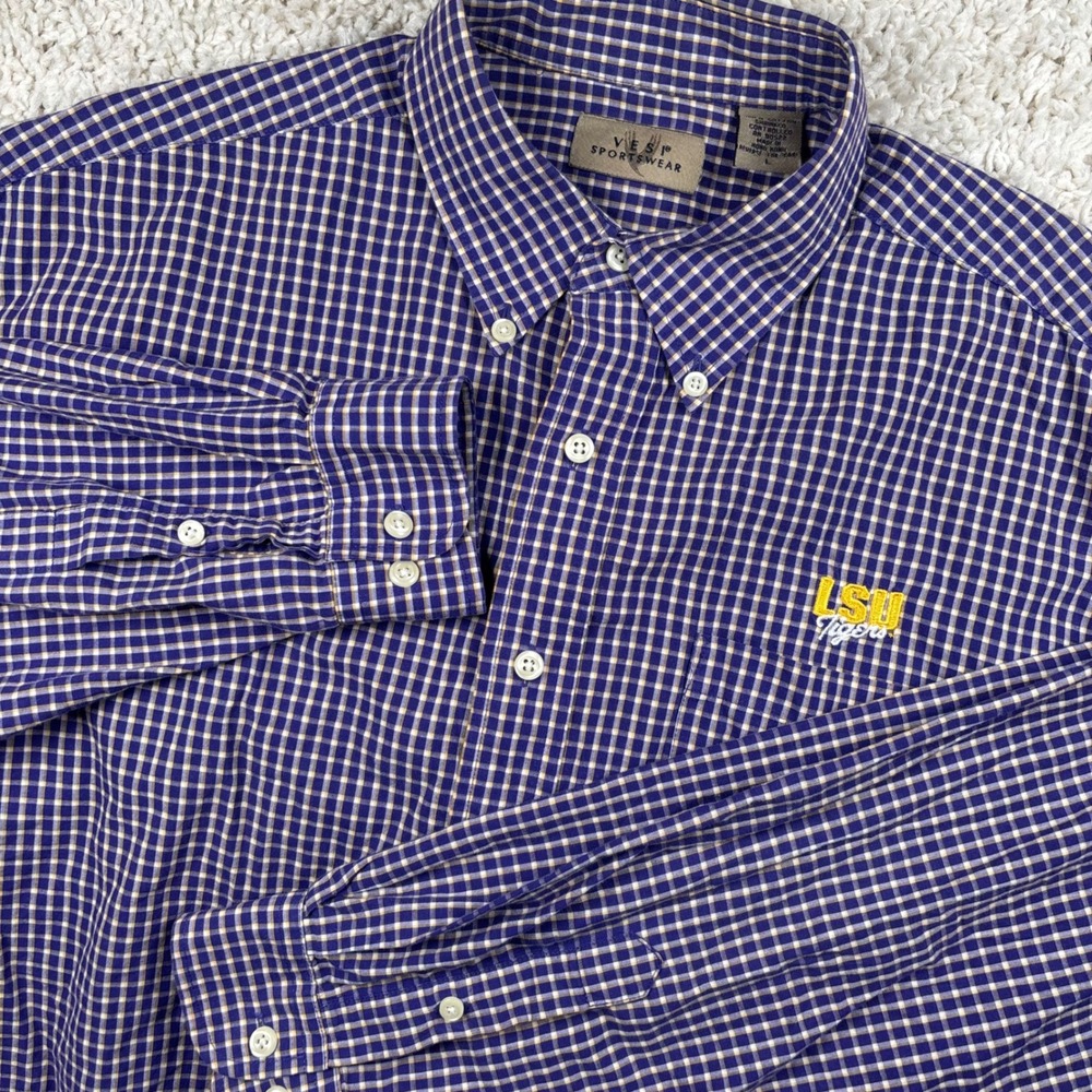 Vesi Sportswear Mens Button Down Shirt Large Purple LSU Tigers Gingham SEC NCAA
